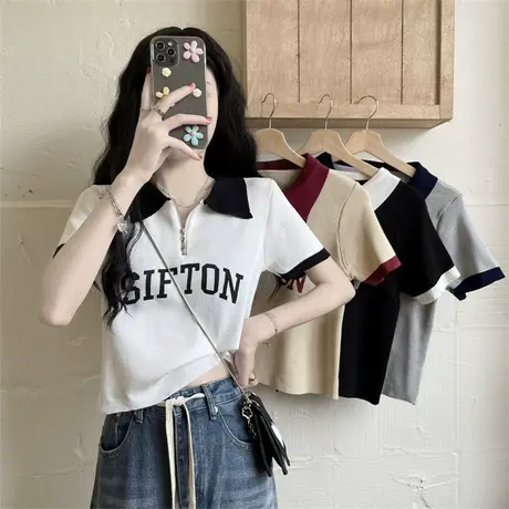 撞色拼接Polo领正肩T恤女夏季2024年新款宽松学生韩版ins短袖上衣商品大图