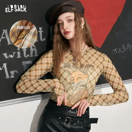妖精的口袋印花格纹长袖t恤女2023秋季新款美式复古辣妹打底上衣商品大图