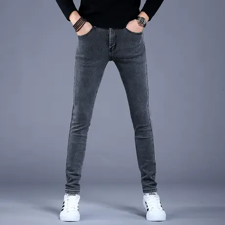 秋冬新款烟灰色加绒牛仔裤男款小脚修身裤子潮流男士高端弹力潮牌商品大图