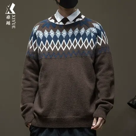 希越重磅北极绒毛衣男2023秋冬民族风印花套头针织衫宽松大码男装商品大图