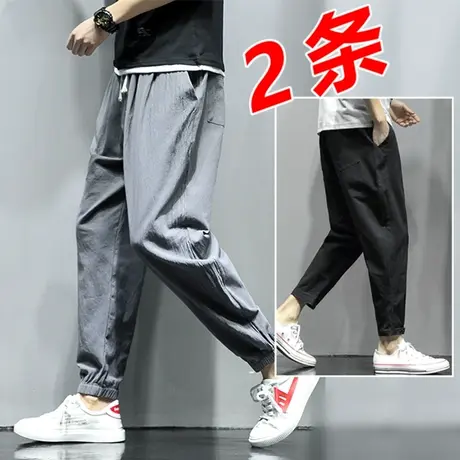 夏季薄款亚麻工装长裤子男韩版潮九分休闲运动宽松束脚冰丝卫裤D商品大图