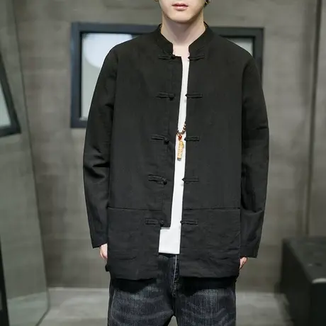 秋季中国风男士长袖衬衫宽松盘扣复古棉麻外套男装大码中式衬衣潮图片