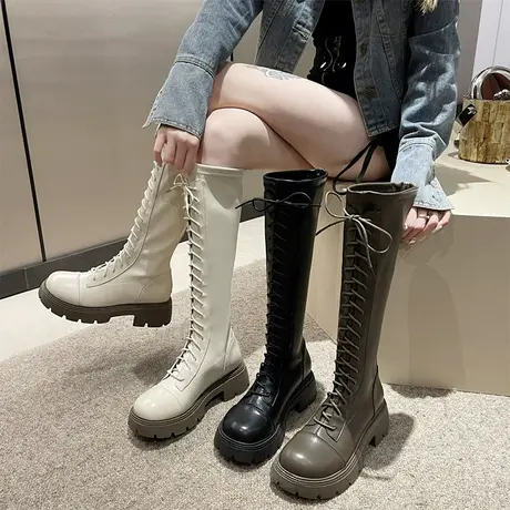 不过膝长筒靴子女2023新款秋冬复古长靴小个子厚底系带高筒骑士靴图片