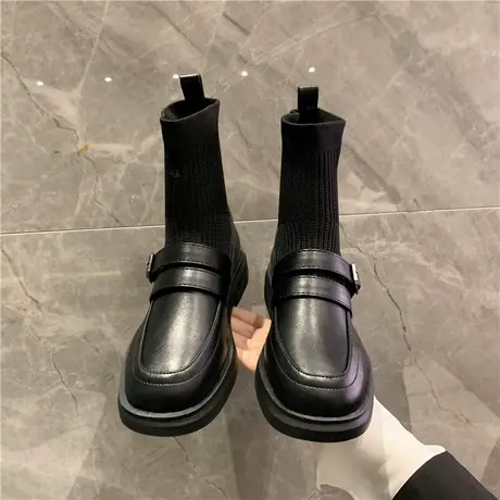 瘦瘦袜子靴平底短靴女2024春秋新款连袜马丁靴针织弹力英伦小皮鞋图片