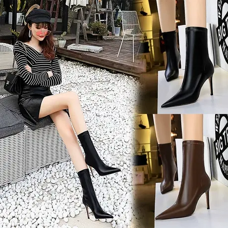 靴子女2024秋冬新款网红尖头细跟弹力短靴瘦瘦靴高跟马丁靴女百搭图片