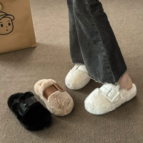 网红毛毛拖鞋女秋冬外穿2023新款厚底加绒包头半拖鞋棉拖鞋子女鞋商品大图