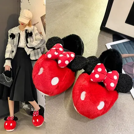 可爱卡通蝴蝶结棉拖鞋女冬季新款包跟毛绒居家用室内防滑保暖棉鞋商品大图