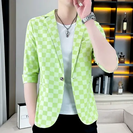 设计感拼色格子小西装男士潮牌韩版帅气薄款夏季五分半袖西服外套图片
