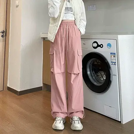 加绒羽绒裤女冬季外穿高腰特厚白鸭绒保暖宽松阔腿休闲粉色工装裤商品大图