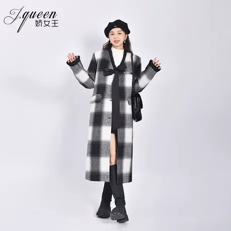格子毛呢大衣女秋冬季新款时尚高级设计感蝴蝶结绑带长款呢子外套图片
