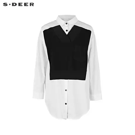 sdeer圣迪奥女装22春夏新品时尚翻领撞色拼接中长款衬衫S221Z0504图片