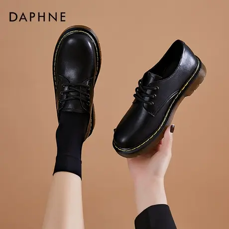 达芙妮真皮小皮鞋女英伦风复古百搭系带2021夏季新款牛筋底单鞋女商品大图