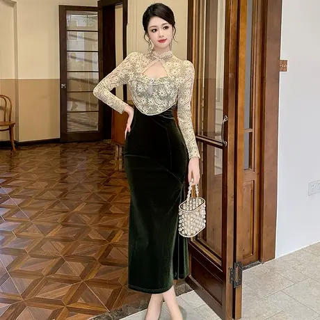 性感镂空拼接蕾丝连衣裙秋冬优雅修身气质开叉包臀丝绒鱼尾裙长款图片