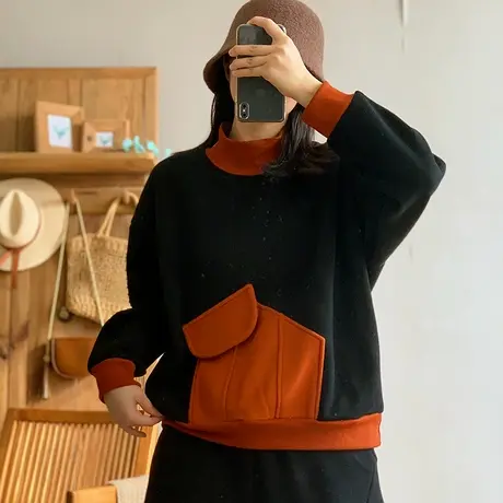 dza 复古短款拼接撞色口袋加厚高领卫衣女士冬季内搭宽松加绒上衣商品大图