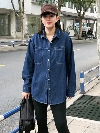 深蓝色POLO领领宽松小众设计别致排扣加绒牛仔衬衫女秋冬明线衬衣商品大图