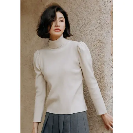 弥古高领打底衫法式泡泡袖上衣女百搭紧身针织衫高级感秋毛衣内搭图片