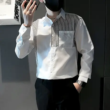 秋季高级感拼接衬衫潮牌长袖休闲韩版修身衬衣痞帅发型师个性上衣商品大图