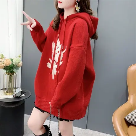 本命年新年红色龙年连帽毛衣女秋冬2023年新款宽松休闲打底针织衫商品大图