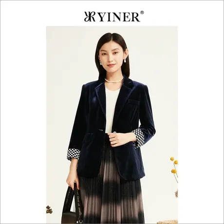 *YINER音儿奥莱女装2022秋季新款格子金丝绒西装外套商品大图