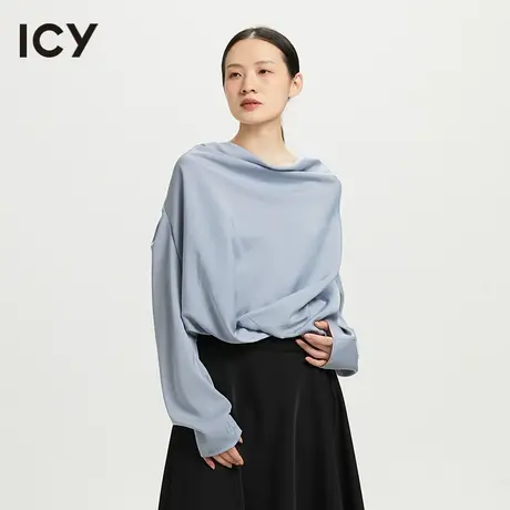 icy2023春季新款法式优雅荡领拼接松紧下摆小衫女【梦会停设计】图片