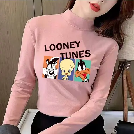 德绒半高领打底衫女2024秋冬白色长袖t恤女加绒加厚内搭洋气上衣商品大图