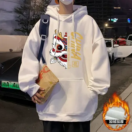 卫衣男春秋季新款加绒加厚连帽运动重磅帽衫醒狮印花潮牌国风外套商品大图