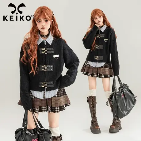 KEIKO 酷感皮扣饰针织开衫女2024春季美式学院扭花黑色毛衣外套图片