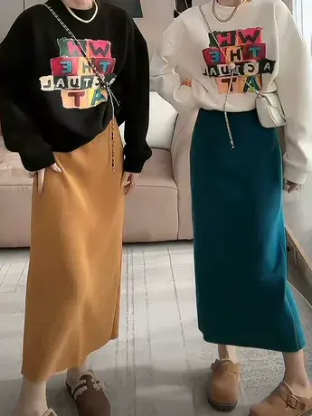 雪尼尔加绒半身裙女2024早春高腰开叉休闲直筒裙灯芯绒显瘦长裙子商品大图