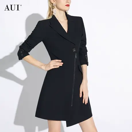 AUI黑色高级感不规则西装外套女2024早春新款高端职业修身西服裙图片