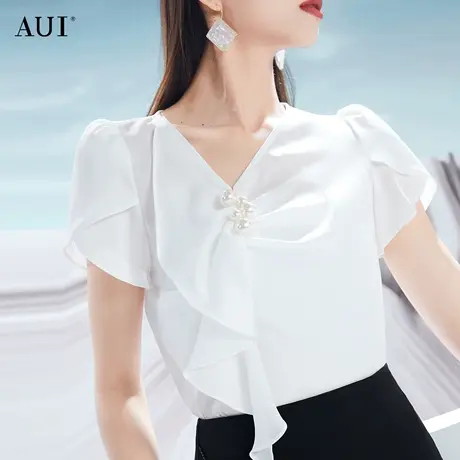 AUI白色设计感V领衬衫女2024夏新款小众气质宽松休闲垂感短袖衬衣图片