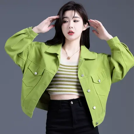 2024早春新款外套牛仔上衣小个子牛油果色夹克宽松休闲韩系设计感商品大图