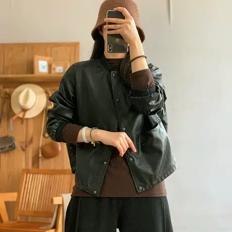 dza 复古pu皮短款棒球服女士2024春新款休闲运动外套百搭宽松上衣图片