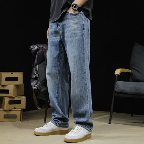 弹力直筒牛仔裤男2024新款春季男款宽松大码潮牌男士蓝色锥形裤子图片