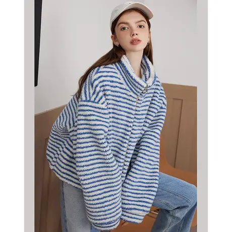 a02舒适仿羊羔毛2023新款冬季条纹撞色宽松百搭女式棉衣图片