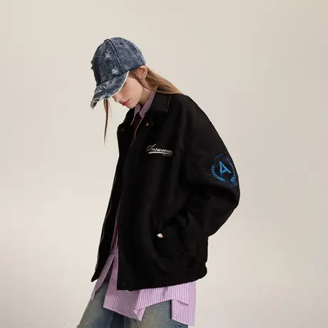 美式复古刺绣潮牌绒面外套女2024春季新款学院风情侣宽松夹克上衣商品大图