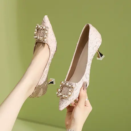 2024年新款春季珍珠方扣水钻法式气质名媛风礼服细跟高跟鞋配裙子商品大图