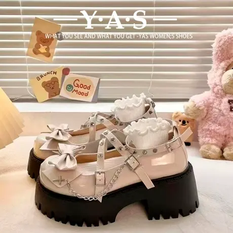 朋克铆钉小皮鞋女2024年新款夏季浅口蝴蝶结厚底增高lo鞋百搭单鞋商品大图