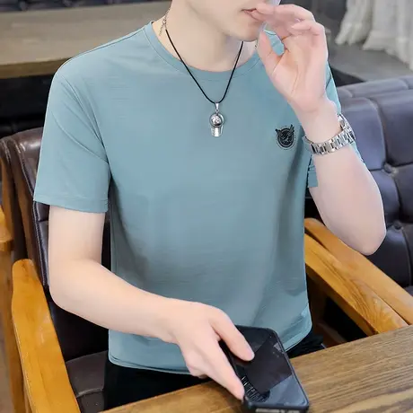 夏季男士短袖t恤潮流冰丝青年爸爸装黑色纯色烫钻印花圆领打底衫商品大图