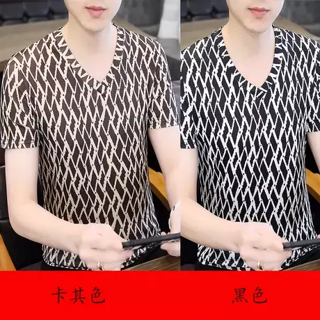 冰丝短袖T恤男夏装薄款上衣V领半袖青少年镂空汗衫夏季个性男装潮商品大图