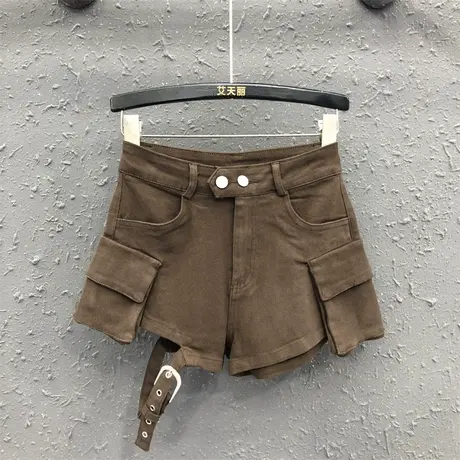 欧货韩版阔腿裤女2024春夏新款咖啡色不对称休闲高腰牛仔短裤热裤图片