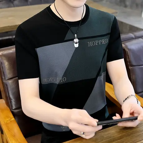 短袖潮牌个性夏装烫钻衣服男冰丝凉感体恤衫高端男装半袖夏季t恤商品大图