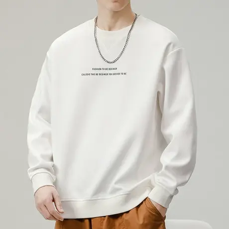 2023新款男装早春白色圆领卫衣秋季高端重磅情侣装长袖上衣服秋装图片