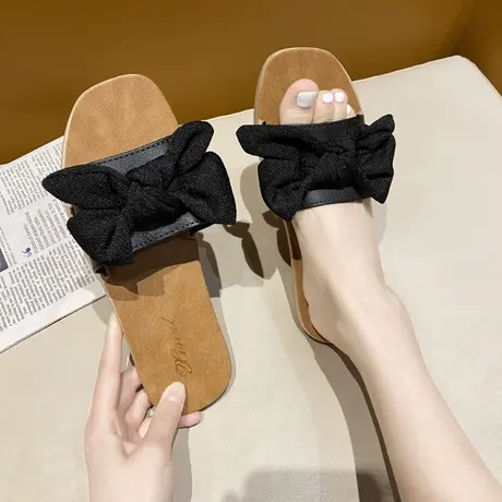 2024新款韩国蝴蝶结一字拖休闲拖鞋女夏外穿防滑时尚平底沙滩凉拖商品大图