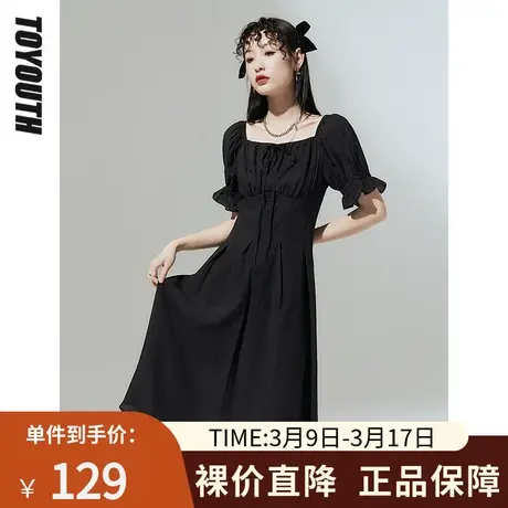 TOYOUTH初语连衣裙女夏季新款肌理泡泡袖收腰方领显瘦小黑裙图片