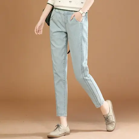 韩潮袭人松紧腰休闲牛仔长裤子女2023秋季新款修身显瘦小脚哈伦裤商品大图
