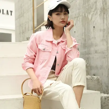 牛仔外套女宽松韩版港味春秋新款网红BF风学生粉色上衣潮9313商品大图