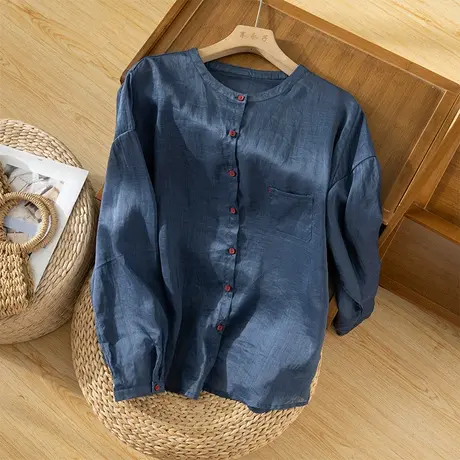 享永子长袖苎麻衬衫女文艺复古宽松显瘦休闲棉麻衬衣2023秋季新款图片
