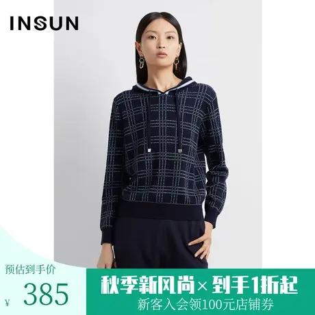 恩裳春秋季时尚格纹舒适宽松版型连帽休闲风毛织衫图片