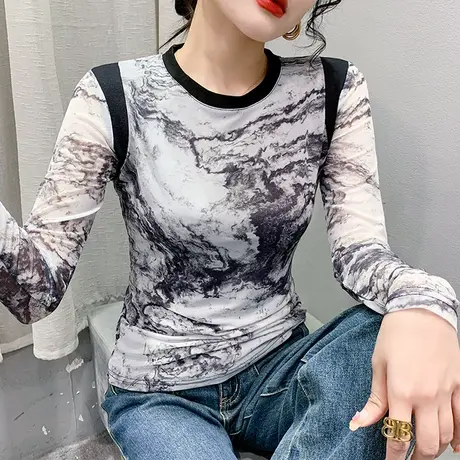 春秋复古扎染印花T恤女长袖性感网纱紧身小衫时尚圆领气质上衣ins商品大图
