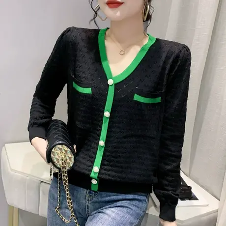 时尚拼色针织衫女秋冬休闲气质V领长袖毛衣洋气显瘦百搭打底上衣商品大图